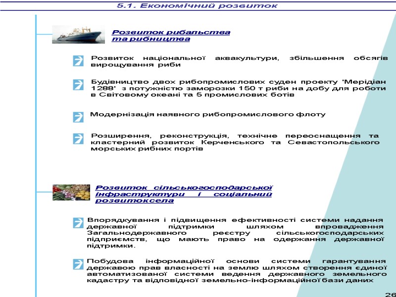 5.1. Економічний розвиток Розвиток рибальства та рибництва Розвиток сільськогосподарської інфраструктури і соціальний розвиток села